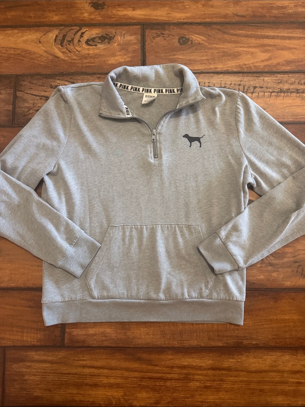 PINK Victoria's Secret Gray Quarter-Zip Sweatshirt with Navy Dog Logo